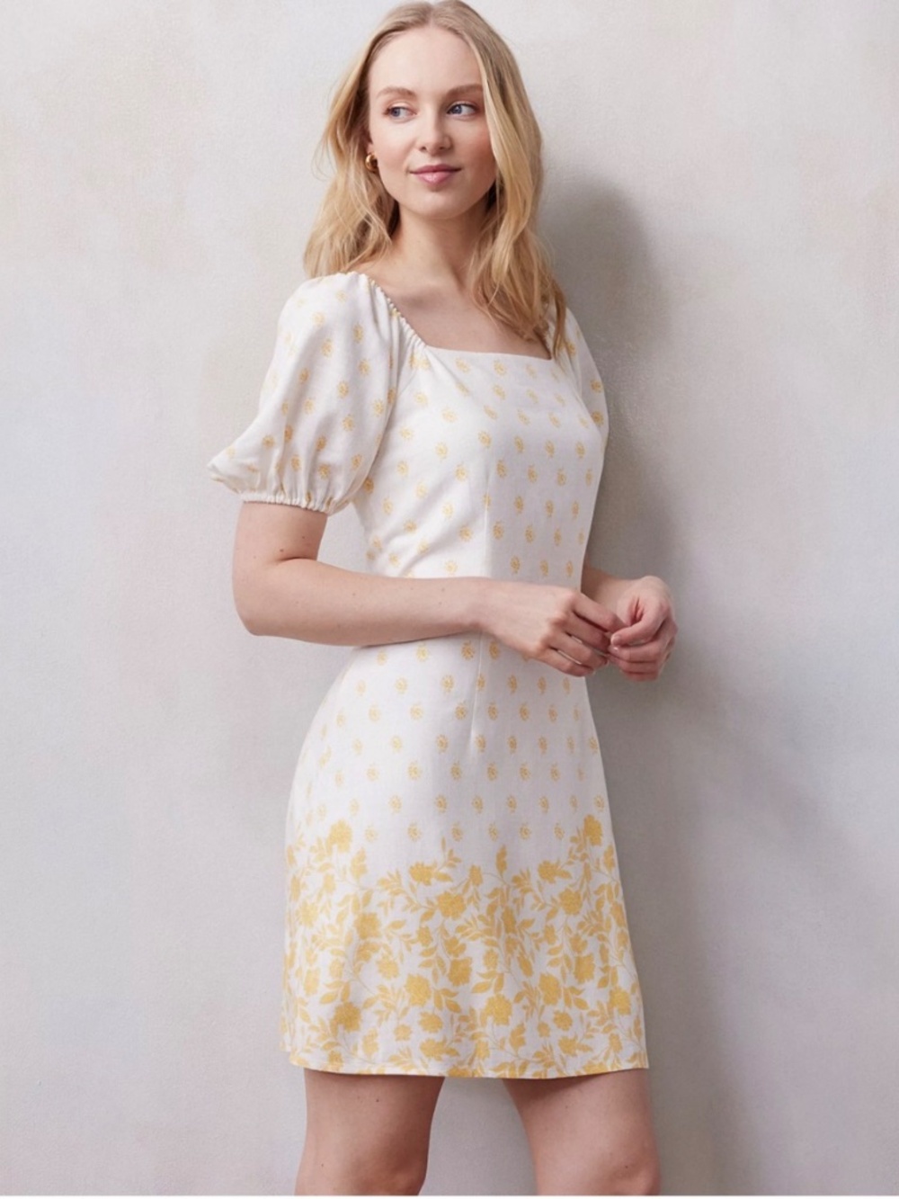 LC Lauren Conrad Linen Blend Floral Puff Sleeve Mini Dress Size M